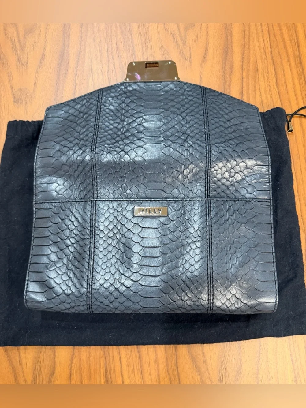 MILLY Charcoal Gray Snake-Embossed Leather Envelope Clutch with Silver *NWOT